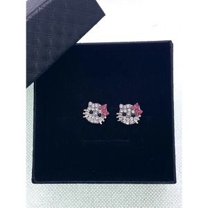 Imitation Pink Hello Kitty Rhinestone Cubic Zirconia CZ Pierced Stud Earrings